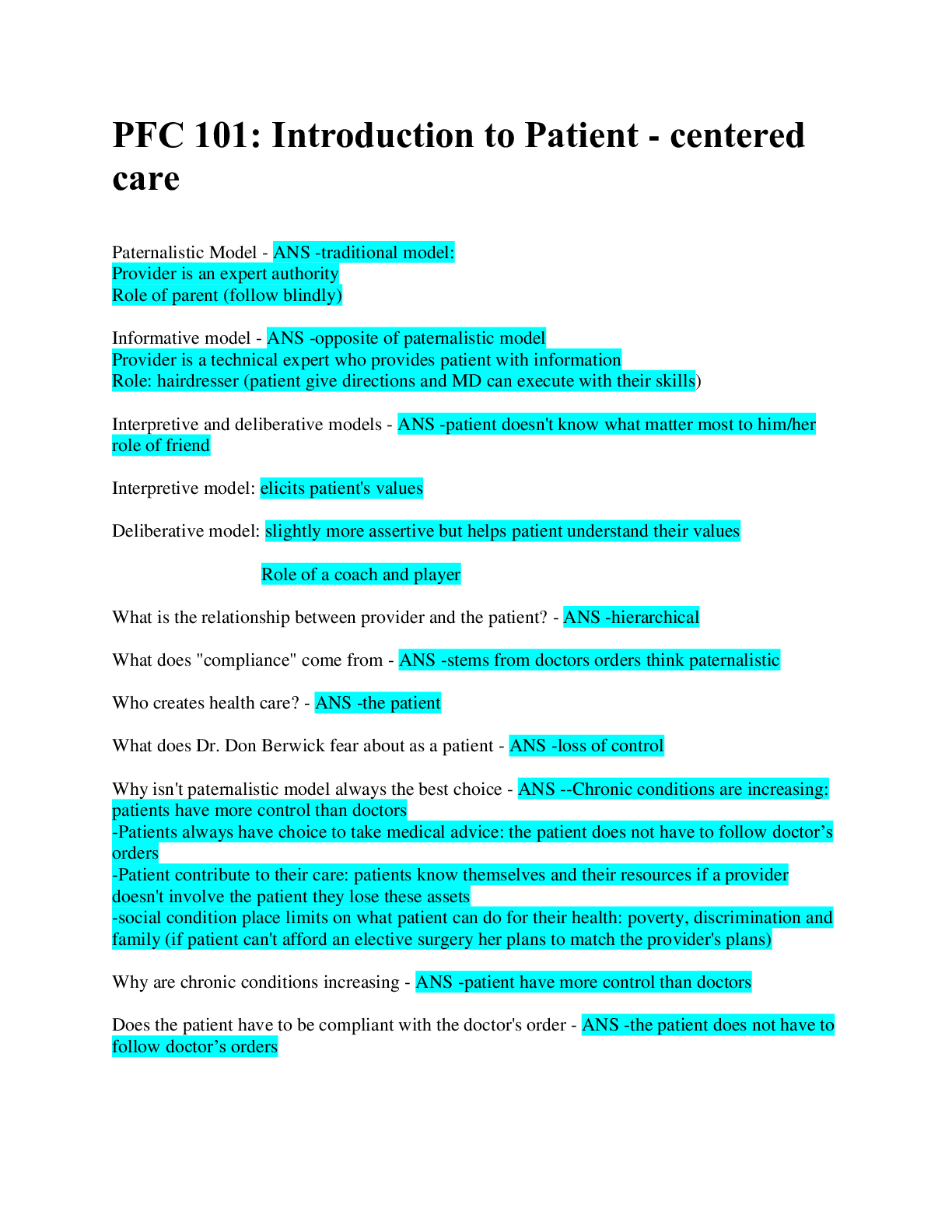 Preview image for PFC 101:Patient - centered care / 100% Correct Answers